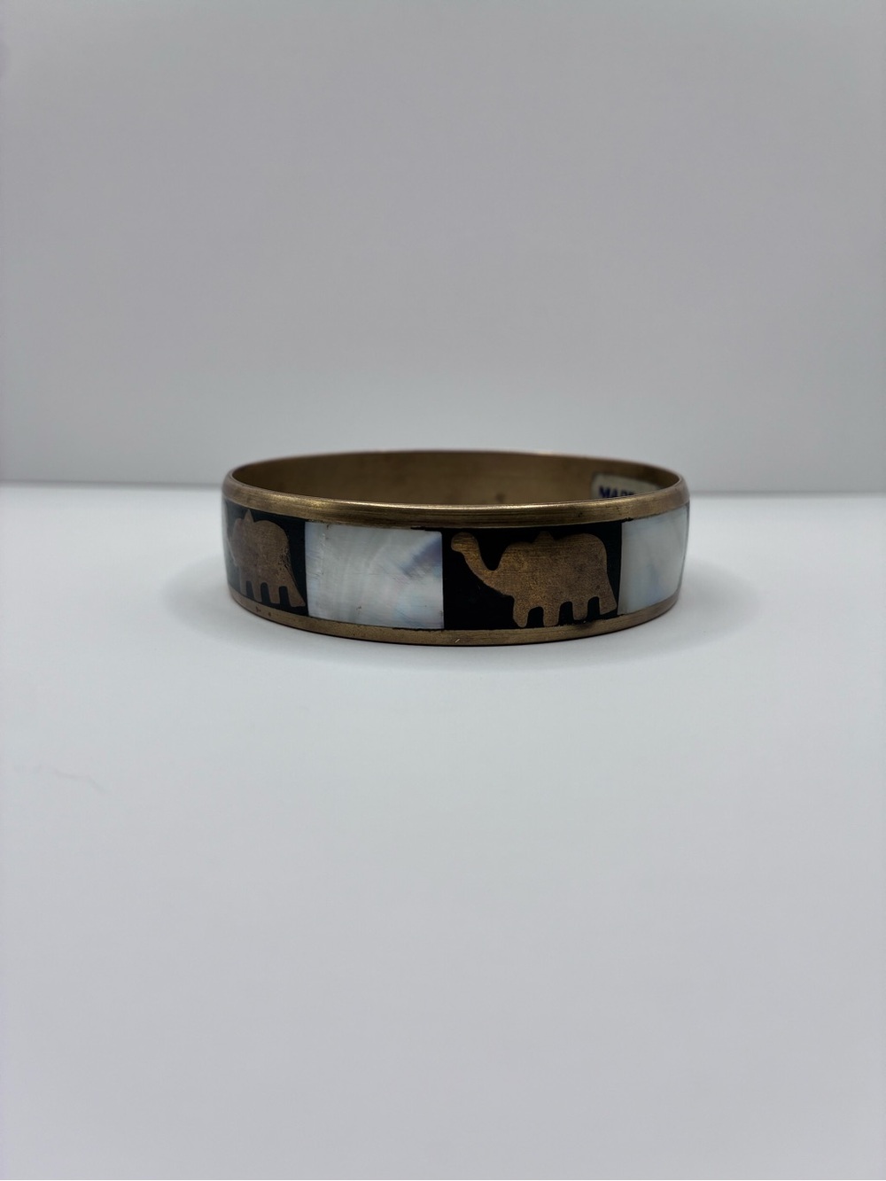 Vintage Brass And Shell Mother Of Pearl Elephant Bangle Bracelet From India